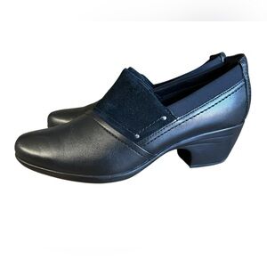 CLARKS Black Leather Emily Step Loafers US 9M Block Heel Comfort Shoe Slip-On